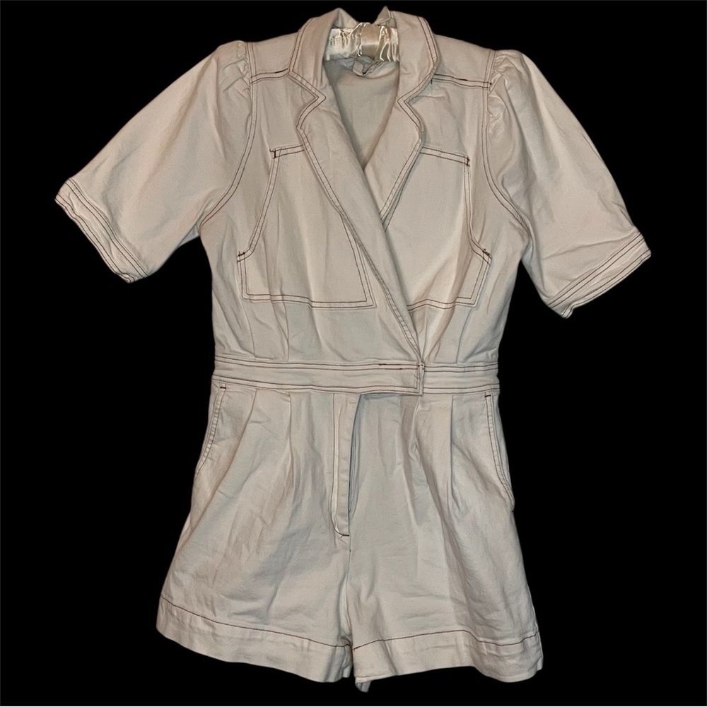 Day + Moon Cream Denim Romper Sz L Snap Button Zip Contrast Stitching Collared